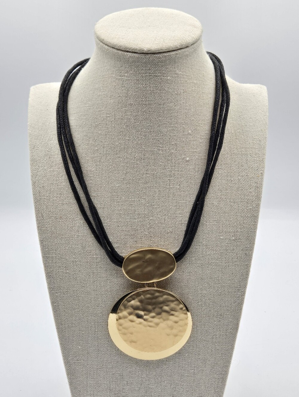 CHICO'S Vintage Statement Necklace Black Leather Gold Tone Pendant